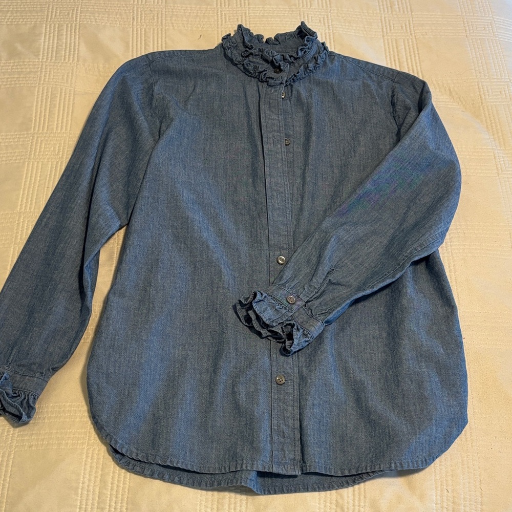 J. Crew Classic Blue Ruffle Accented Button Down Shirt